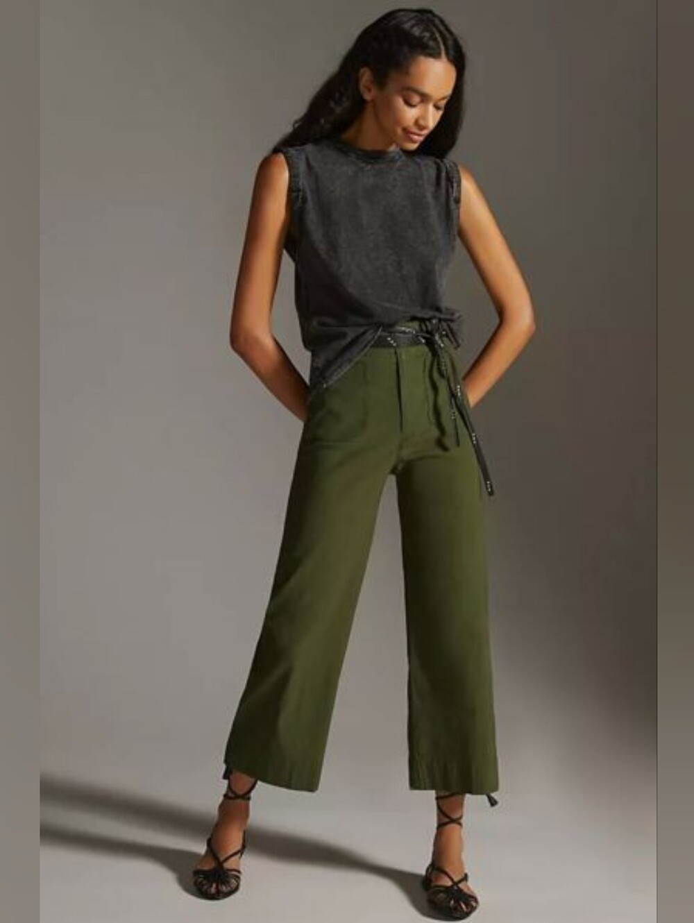 Maeve The Colette Wide-Leg Pants – Olive Green Magic Fabric Crop Size 29 Holly - Picture 1 of 13